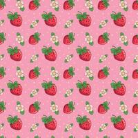 Strawberry seamless pattern. Repeating pattern with strawberries. Summer pattern on pink background. Juicy red seamless strawberries with flowers and dots vector