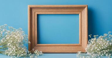 Wooden frame with baby's breath on blue background photo