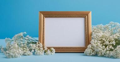 Frame with white flowers on blue background photo