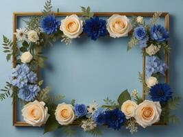 Blue and white flowers in a gold frame on a blue background photo