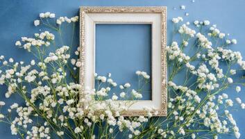 Frame with white flowers on blue background photo