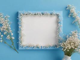 Frame with flowers and a blank white square on blue background photo