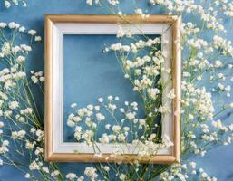 Frame with white flowers on blue background photo