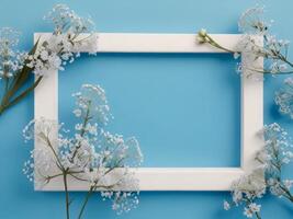 White flowers in a white frame on a blue background photo