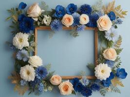 Blue and white flowers in a wooden frame on a blue background photo