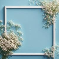 White flowers in a square frame on blue background photo