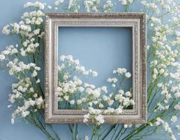Frame with white flowers on blue background photo