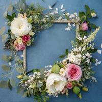 A wreath of flowers is arranged in a square frame photo