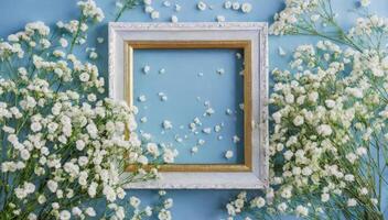 Frame with white flowers on blue background photo