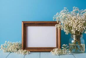 Photo frame with baby's breath flowers on blue background