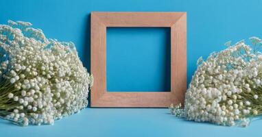 Wooden frame with white flowers on blue background photo