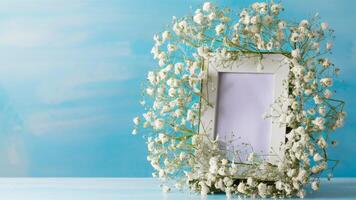 Photo frame with lily of the valley flowers on blue background