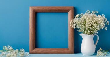 Frame with flowers on blue background photo