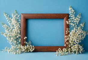 Wooden frame with lily of the valley flowers on blue background photo