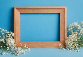 Wooden frame with baby's breath on blue background photo
