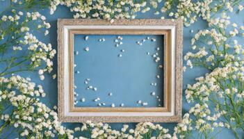 Frame with white flowers on blue background photo