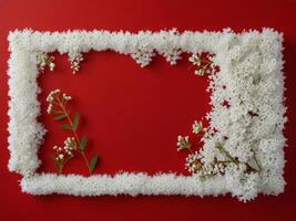 A frame made of white flowers on a red background photo