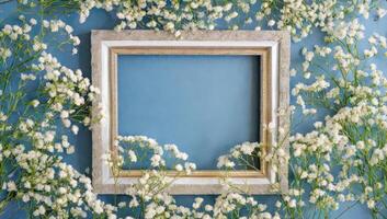 Frame with white flowers on blue wall - stock photo