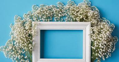 White frame with lily of the valley flowers on blue background photo