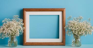 Frame with flowers on blue background photo