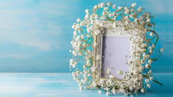 Photo frame with lily of the valley flowers on blue background