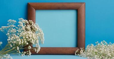 Frame with flowers on blue background photo