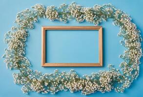 Frame with baby's breath on blue background photo