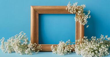 Frame with baby's breath on blue background photo