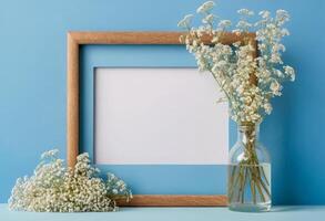 Frame with flowers and empty space on blue background photo