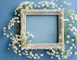 Frame with white flowers on blue background - stock photo