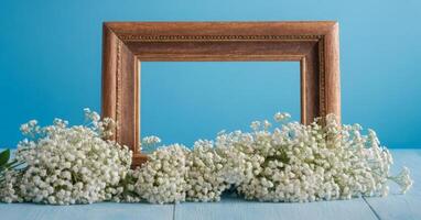 White flowers in a frame on blue background photo
