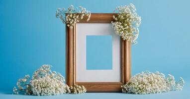 Frame with flowers on blue background photo