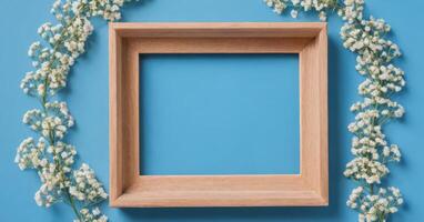 Wooden frame with lily of the valley flowers on blue background photo