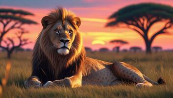 Lion in the african savannah at sunset photo