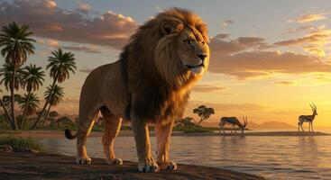 A lion stands on the shore of a river at sunset photo