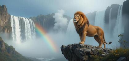 Lion in front of waterfall with rainbow photo