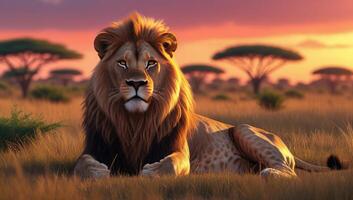 Lion in the wild at sunset photo
