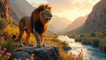 A lion stands on a rock overlooking a river photo