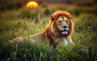 A lion is sitting in the grass at sunset photo