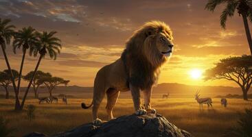 A lion stands on a rock in the middle of a savannah at sunset photo