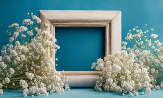 White flowers in a frame on a blue background photo