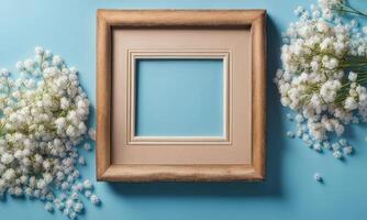 Frame with white flowers on blue background photo