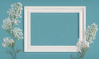 White lily of the valley frame on blue wall 3d render photo