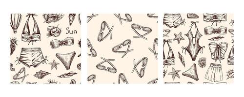 Seamless summer pattern collection in hand drawn vintage style with beige tones vector