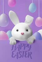 3d render rabbit and background eggs poster. Three-dimensional illustration on Easter. Happy spring holiday decoration for celebration. Greeting banner template, religion design hunt invitation vector