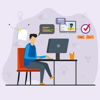 Man is sitting in front of a computer discussing online coding and programming. Developer doing tasks online. Coding project, web developer, IT course, online tutorial. vector