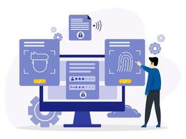 Man login to his computer account with fingerprint, username password and face recognition. Business data protection, safety account, technology firewall. vector