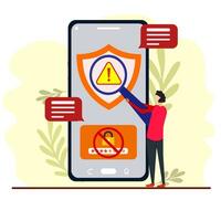 Social media guidelines concept. Man with a magnifying glass examines messages on smartphone screen about denied access on his account password. User protection, cyber security. vector
