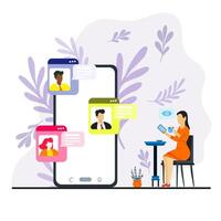 Woman drinks chocolate in a her home and communicates via online connection with other people using a mobile app. A people in different windows on the smartphone screen vector