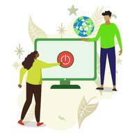 Girl turns off the switch on computer monitor and man bring the world ball with reuse energy symbol. Saving energy, save hour, save earth, renewable energy vector